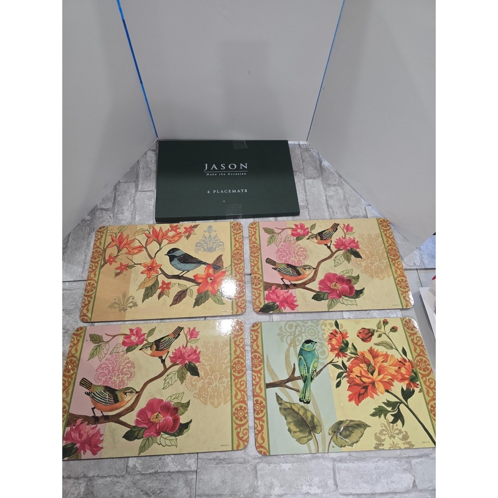 Jason Cork Backed Placemats Set‎ of 4 Colorful Bird Study 11"x17" Box Top Flaw